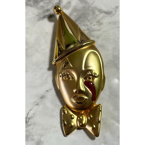Crying Circus Clown Face Brooch Gold Tone Pin Sad Jester Head 3" - Picture 6 of 6